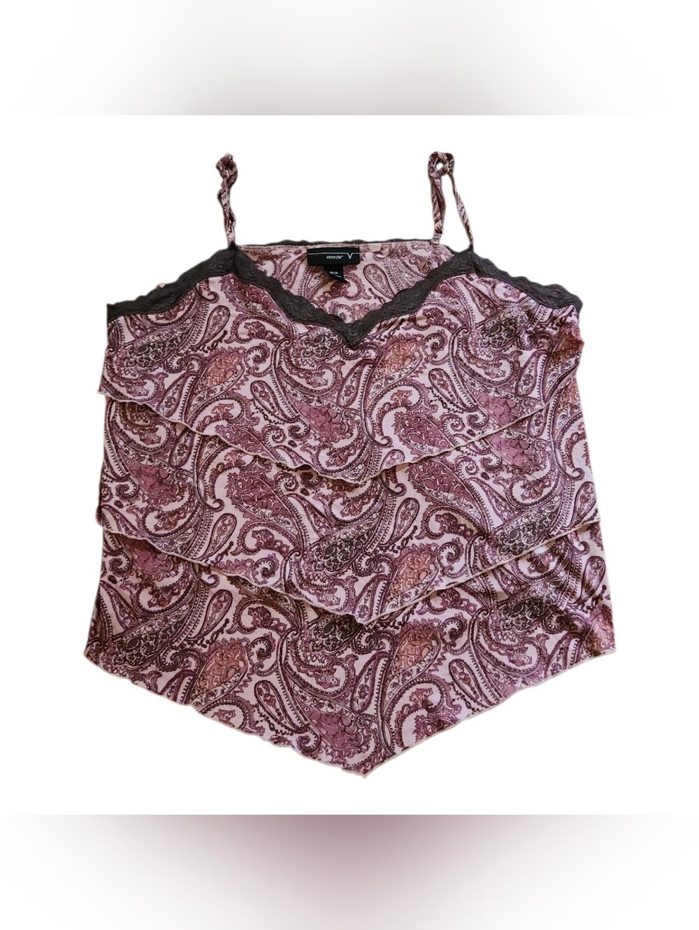 Y2K Whimsigoth Paisley Tiered Lace Cami Tank Top Pink Brown Boho Fairycore 2X